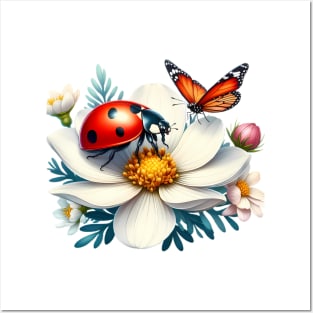 A ladybug and a butterfly decorated with beautiful colorful flowers. Posters and Art